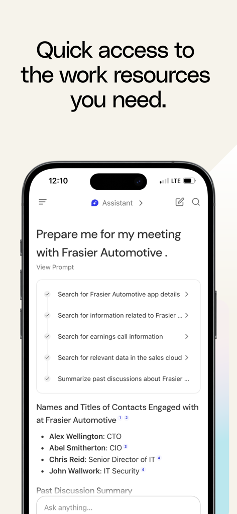 Glean Work app interface showing AI assistant preparing meeting notes and contact details.