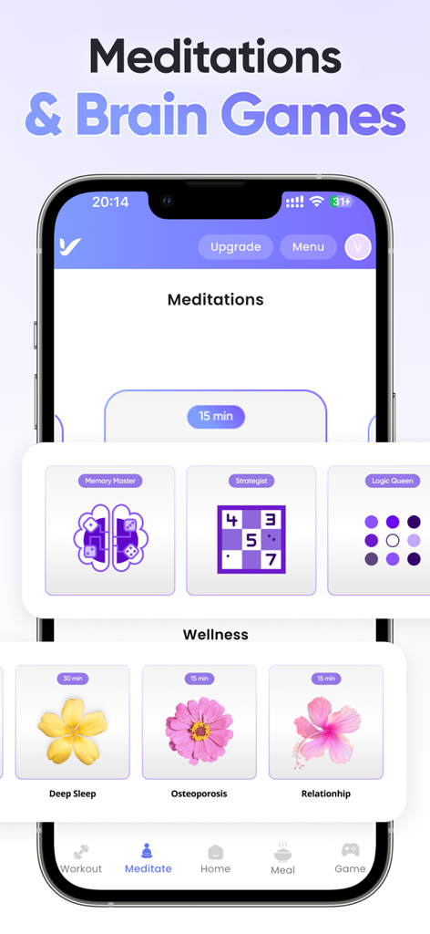 VitaliT by Fabulous50s - Schermata dell'app VitaliT che mostra meditazioni e giochi di allenamento cerebrale per donne di mezza età