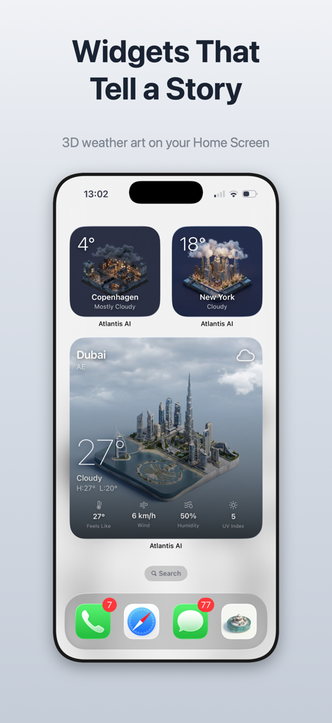 Atlantis AI - 3D Weather App - iOS home screen featuring 3D isometric weather widgets for Copenhagen New York and Dubai
