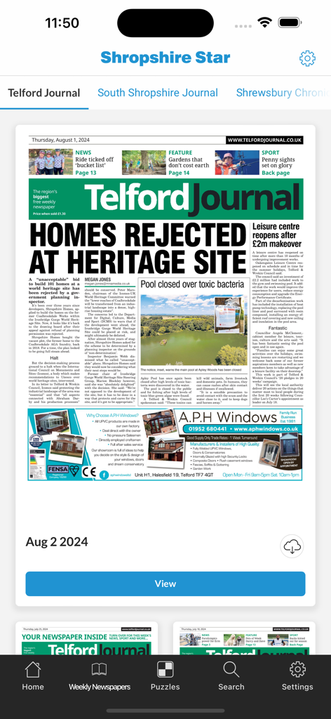 Shropshire Star Newspaper - Shropshire Star Newspaper app main screen showing the Telford Journal digital edition