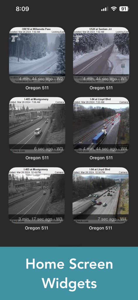 Oregon 511 home screen widgets showing live traffic camera feeds for road conditions