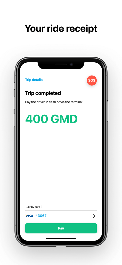 Gamride Pro: Gambia Taxi - Recibo de viaje de la aplicación Gamride Pro que muestra un total de 400 GMD y la opción de pago con tarjeta de crédito.