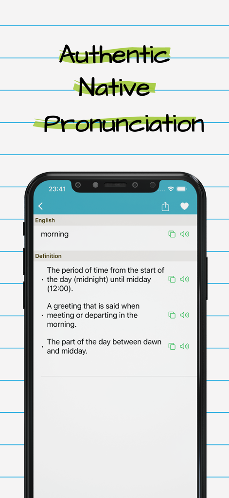 The English Dictionary Offline - Screenshot of The English Dictionary Offline app showing definitions for the word morning with audio icons for authentic native pronunciation