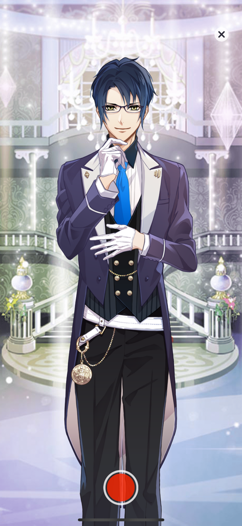 A male anime character in a formal butler outfit standing in a grand ballroom