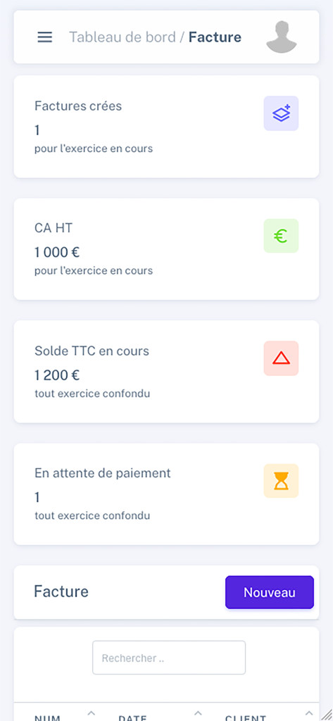 CRM Lucy - Screenshot of the CRM Lucy dashboard showing invoicing statistics like total turnover and pending payments