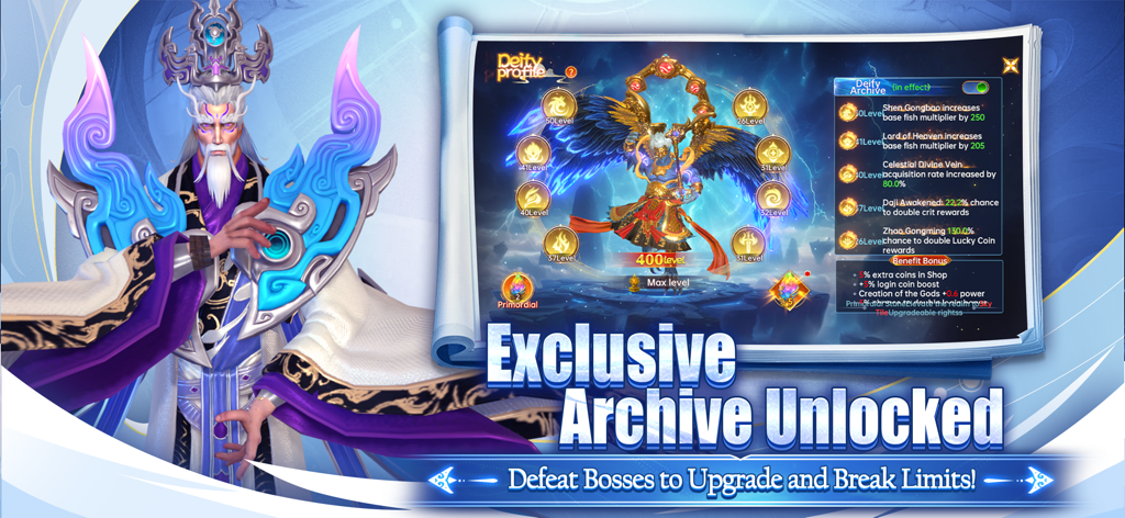 FishingNewEra에서 신성 프로필 레벨을 보여주는 업그레이드 메뉴 옆에 있는 신화 속 캐릭터