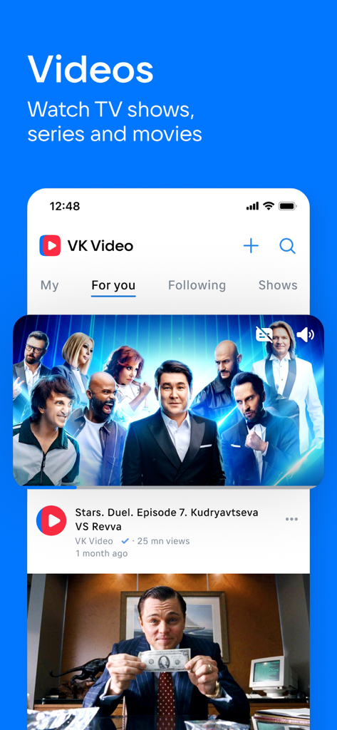 Interfaccia mobile dell'app VK che mostra la sezione video con opzioni per guardare programmi TV, film e contenuti video personalizzati.