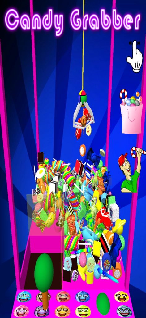 Candy Grabber - A 3D candy claw machine game screen with various sweets and a joystick