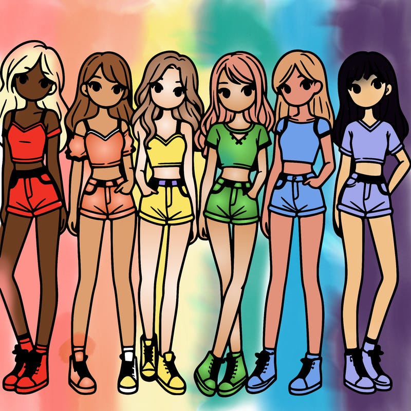 a group of girls wearing crop tops and shorts