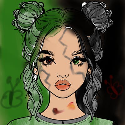 realistic girl with two buns in hair and lips