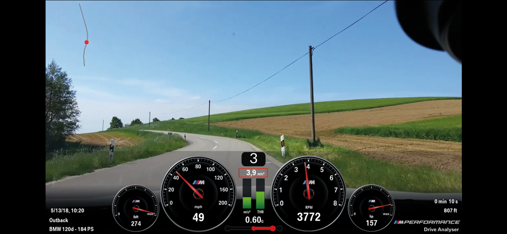 M Performance Drive Analyser - BMW M Performance Drive Analyser digital telemetry overlay showing speed and RPM on a driving video