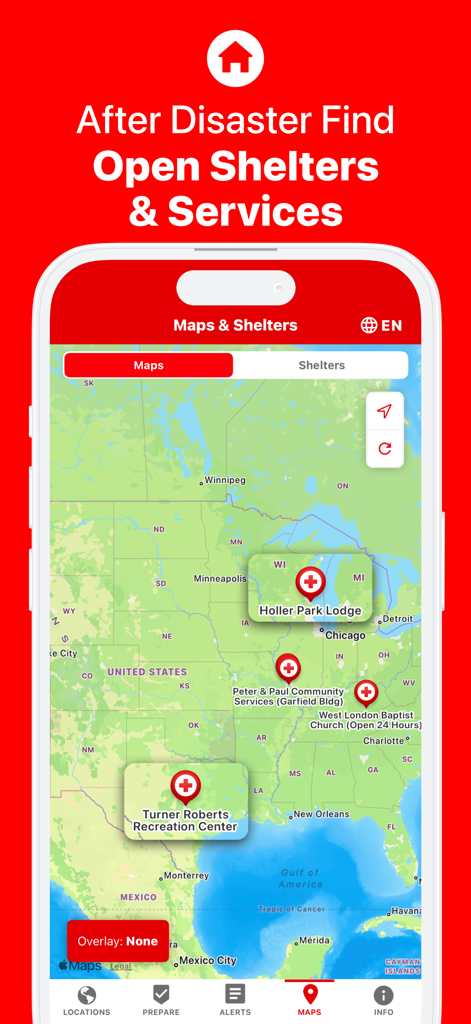 Map showing open shelters and services in the American Red Cross Emergency app
