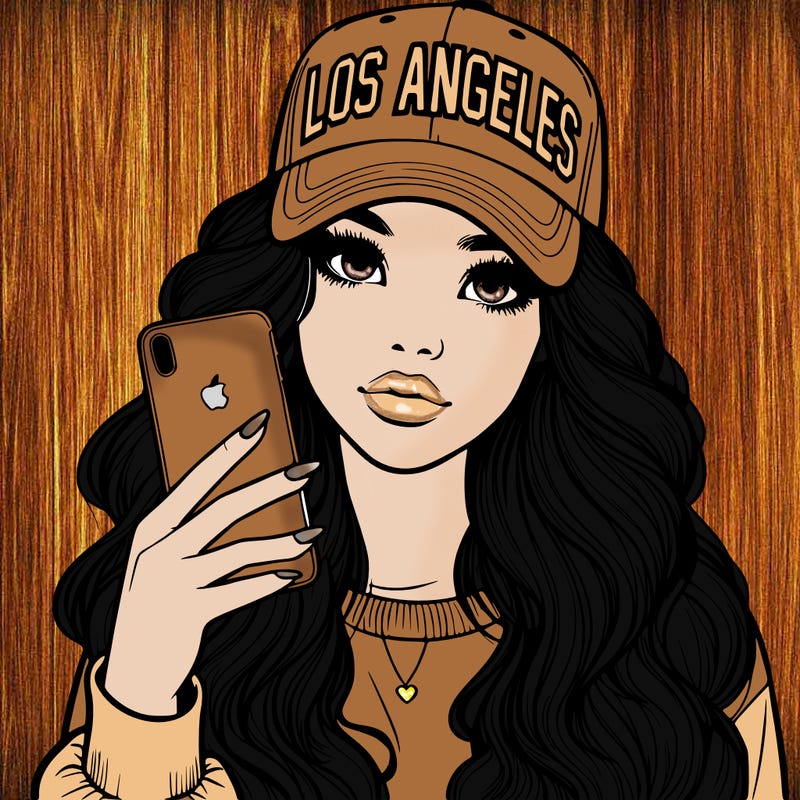 realistic beautiful girl wearing los ángeles cap holding an iphone