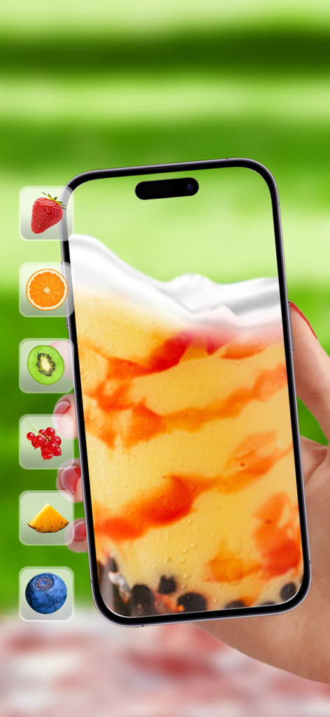 Uma tela de smartphone mostrando uma bebida virtual de chá de bolhas com pérolas de boba e ícones de seleção de frutas