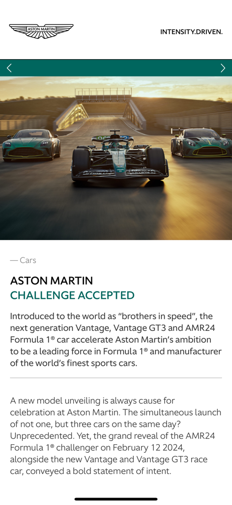 The Aston Martin Magazine App - A digital magazine article from the Aston Martin app featuring three racing cars including an F1 car on a track.
