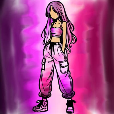 girl in baggy pants crop top and long hair
