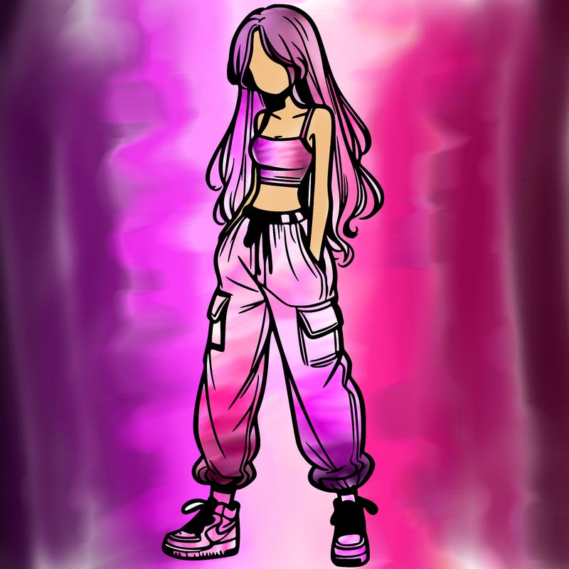 girl in baggy pants crop top and long hair