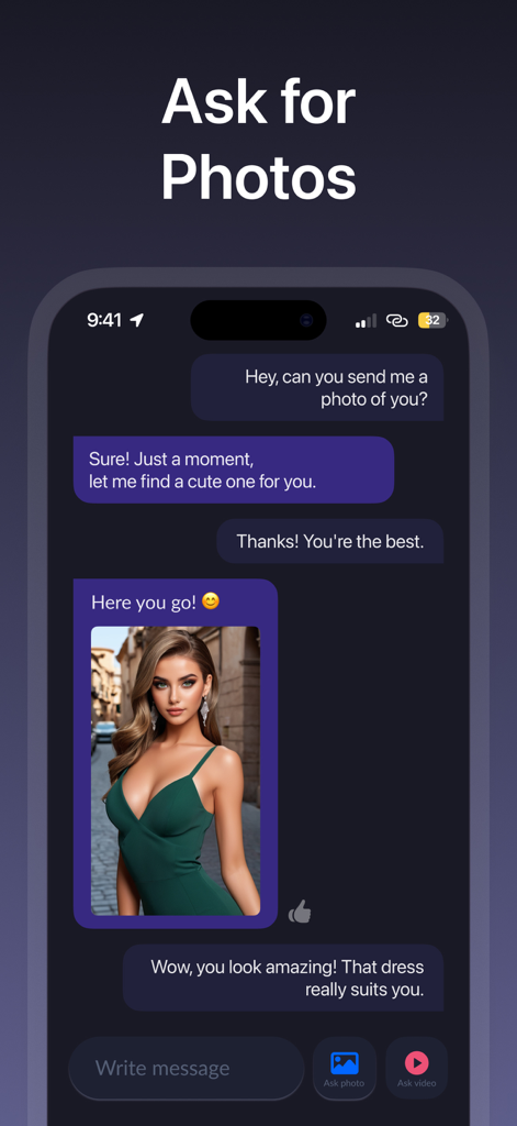 Una pantalla de teléfono inteligente que muestra una interfaz de chat donde una novia virtual de IA envía una foto de sí misma con un vestido verde a un usuario.