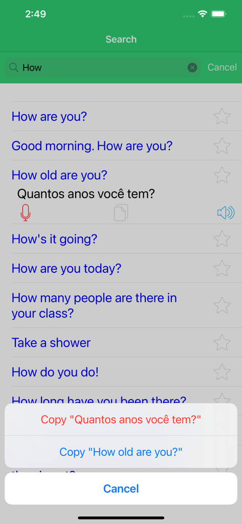 Learn Portuguese Premium - Search interface of the Learn Portuguese Premium app showing common phrase translations and a copy menu