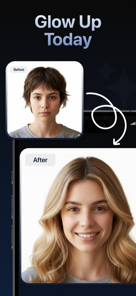 Hairly AI: Hairstyle Try On - Before and after comparison of a woman using AI to change her hair from short dark to long blonde