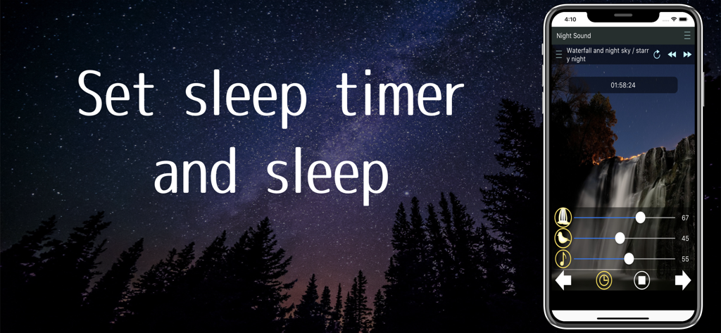 Nature sounds of the night - Aplicación de smartphone que muestra la interfaz de sonidos de la naturaleza nocturna con un temporizador de sueño sobre un fondo de noche estrellada