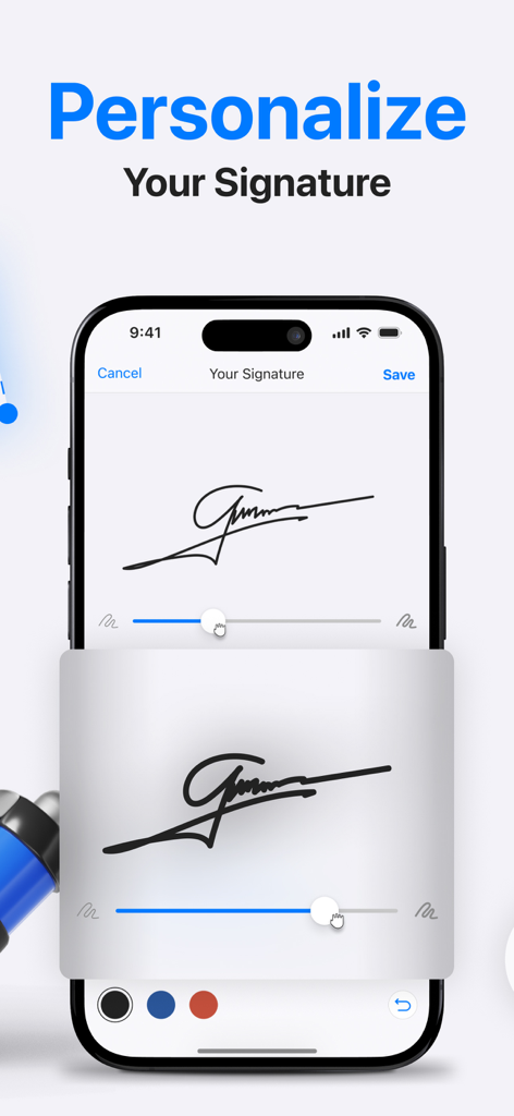 PDF Document Scanner App + - Pantalla de smartphone mostrando una herramienta de edición de firma digital con opciones de grosor y color.