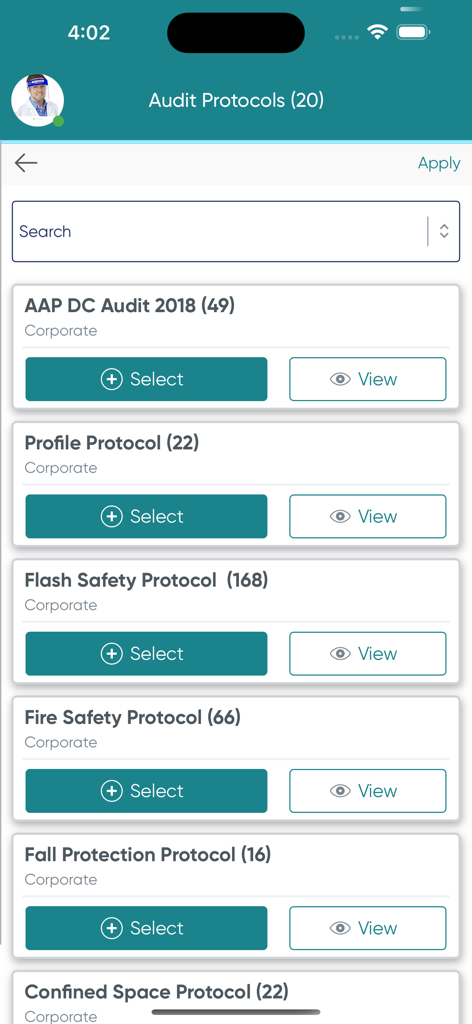 Ideagen EHS - A mobile interface displaying a list of workplace safety audit protocols such as fire safety and fall protection for EHS professionals.
