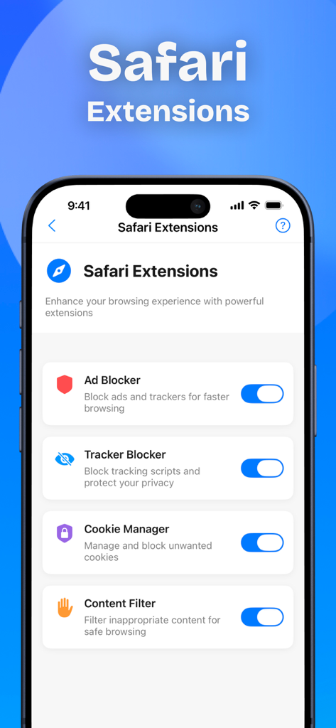 WaveGuard: Sound Clean - WaveGuard Safari Extensions screen showing privacy and ad blocking features