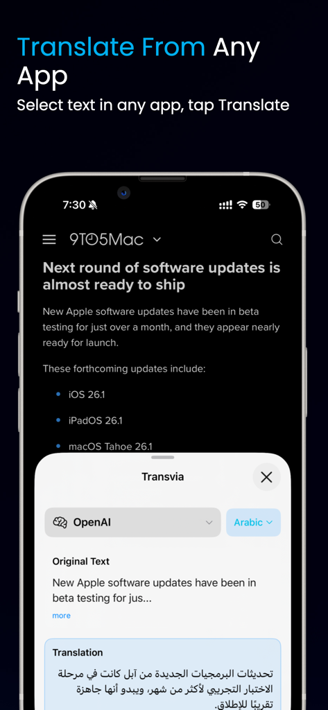 AI Translator - Transvia - iPhone screen showing Transvia translating a news article using the OpenAI model