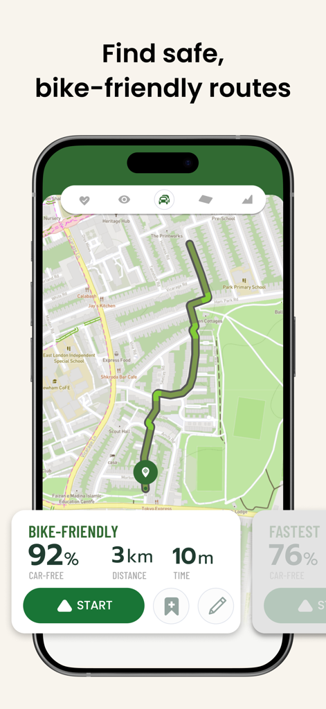 Cyclers: Bike Route Planner - Interfaz de la aplicación Cyclers mostrando una ruta amigable para bicicletas con una puntuación de seguridad
