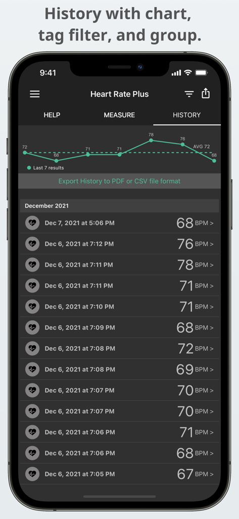 Heart rate history screen showing a trend chart and log of BPM measurements.