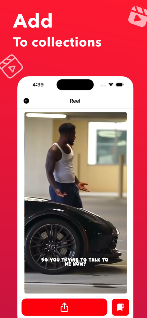 InSave : Story, Reels, Video - InSave app interface showing a social media video reel being added to a user collection