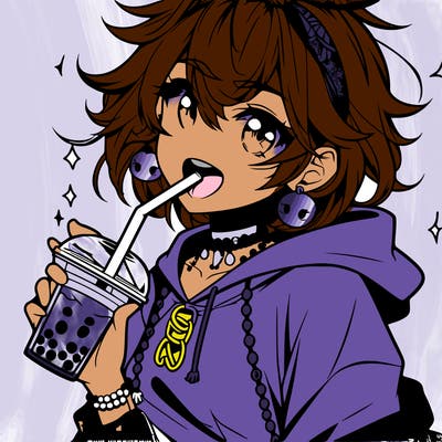hot baddie anime girl drinking boba and biting the straw