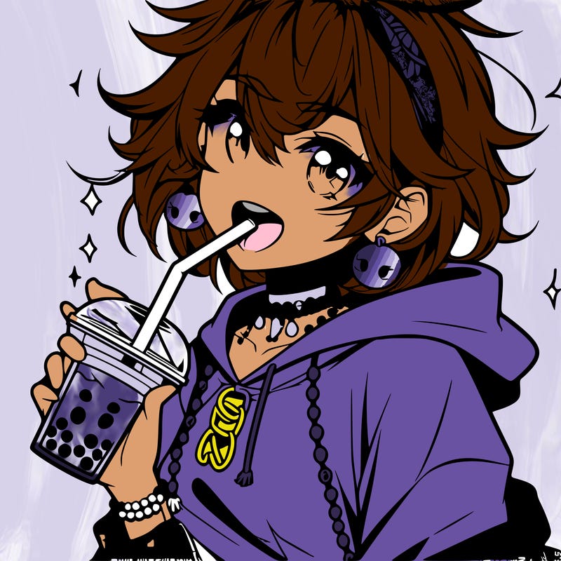 hot baddie anime girl drinking boba and biting the straw