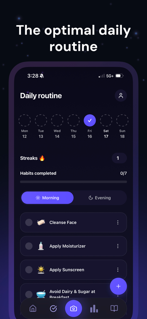 Noma - Get Rid of Acne - The daily routine screen in the Noma app showing a checklist for skincare and dietary habits