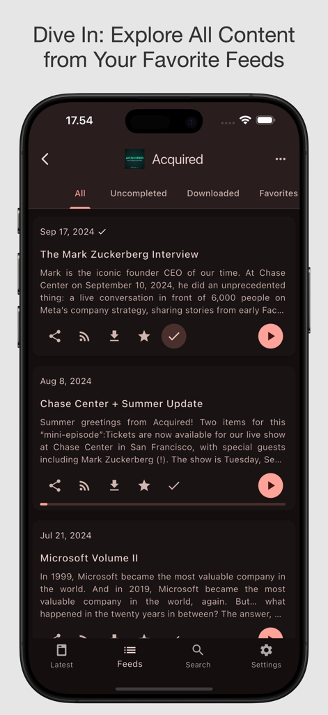 Uma tela de celular mostrando o feed do aplicativo Haps para o podcast Acquired com opções para reproduzir ou baixar episódios.