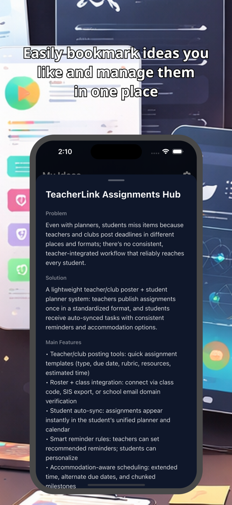 App Hub : Manage & Plan Apps - A screenshot of App Hub showing a detailed app idea description for a student assignments planner.
