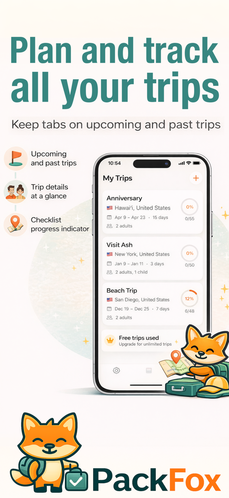 PackFox - Smart Packing Lists - PackFox-App-Bildschirm, der ein Dashboard mit bevorstehenden Reisen mit Reisedetails und Fortschrittsanzeigen für das Packen zeigt.