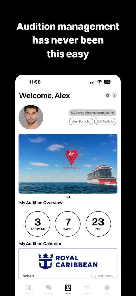 Industry Auditions - Dashboard dell'app Industry Auditions che mostra una panoramica delle audizioni e funzionalità di gestione del calendario