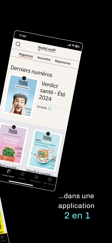 Protégez-Vous - Protégez-Vous app interface displaying Verdict santé health magazine covers and a 2 in 1 application message