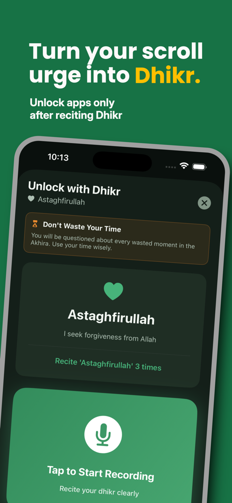 Scrolldeeds - Scrolldeeds app interface showing a prompt to recite dhikr to unlock restricted social media apps.