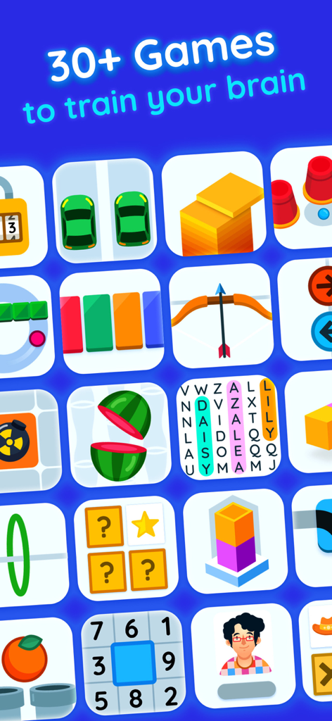Focus - Brain Training Games - A colorful grid displaying over thirty different brain training mini-games for memory and concentration.