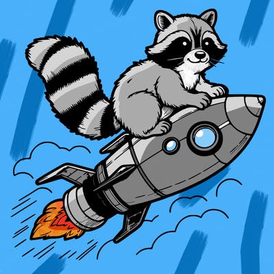 realistic raccoon flying on top rocket ship