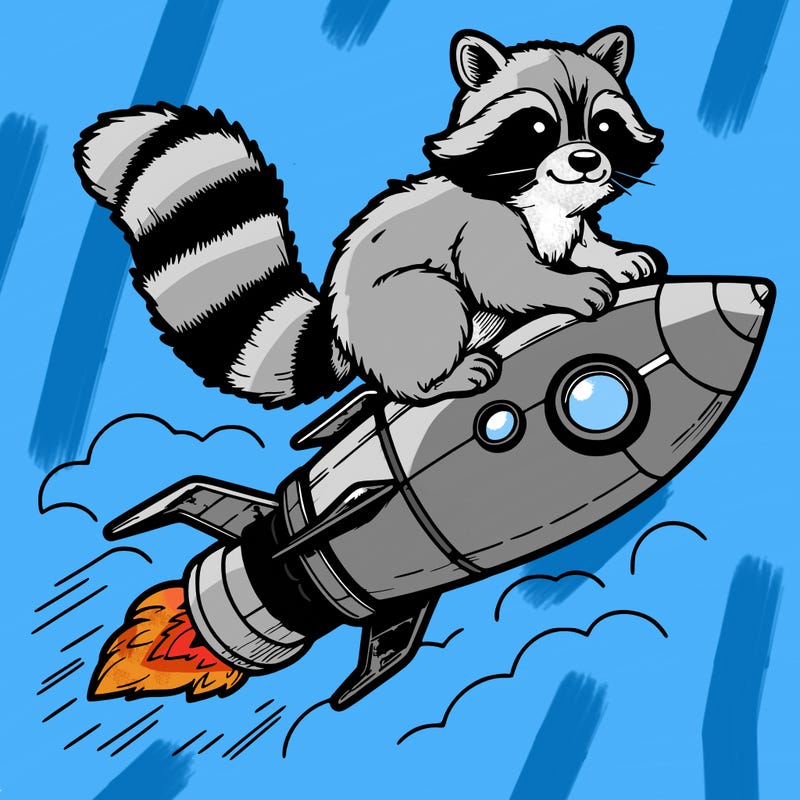 realistic raccoon flying on top rocket ship