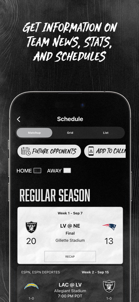 Raiders + Allegiant Stadium - Screenshot of the Raiders app showing the regular season game schedule and match results