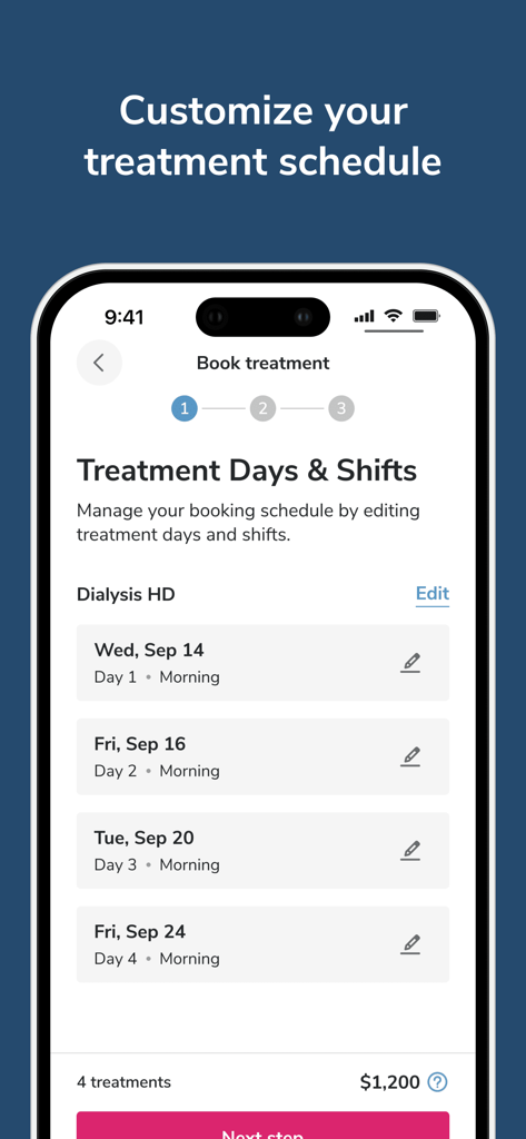 bookdialysis - travel app - Mobile app interface for customizing dialysis treatment dates and morning shifts during travel