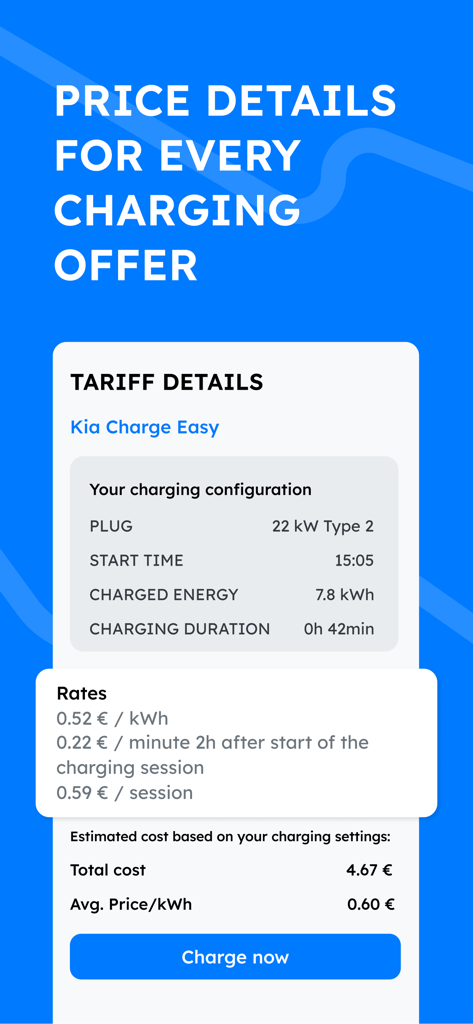 Chargeprice app interface showing electric vehicle charging tariff details and estimated cost breakdown