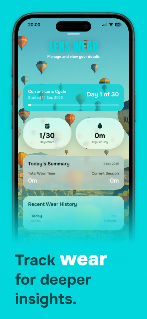 Lenso - Contact Lenses Tracker - Interfaz de la aplicación Lenso que muestra el progreso del ciclo de uso de lentes de contacto y estadísticas de uso diario