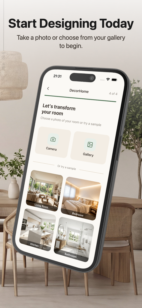 An iPhone screen displaying the DecorHome AI app with options to upload a room photo from the camera or gallery alongside several sample interior design rooms