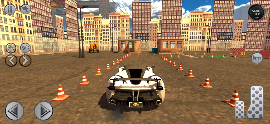 Grab City Taxi: Car Games 3D - Un coche deportivo blanco maniobrando entre conos de tráfico naranjas en un entorno de simulador de conducción de ciudades en 3D